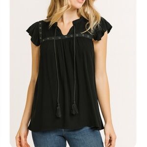 Rebecca Minkoff blouse top black Boho V-neck tasseled babydoll style SZ L flowy